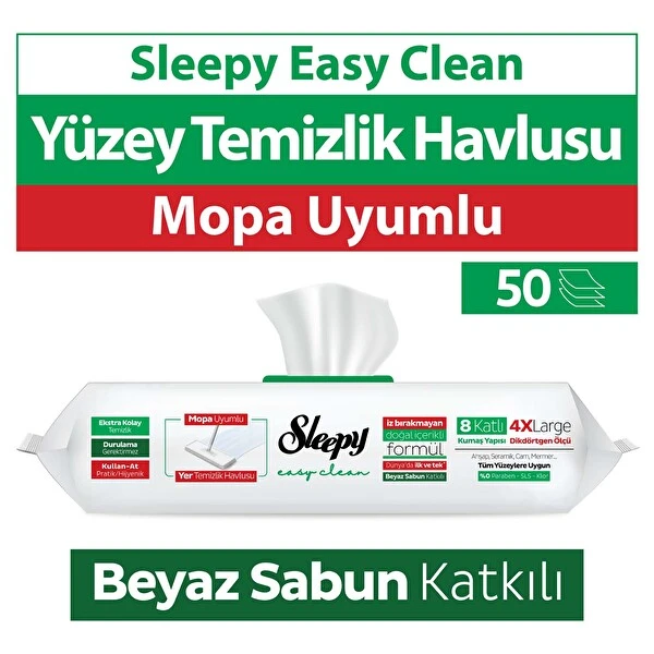 Sleepy Easy Clean Beyaz Sabun Katkılı Mopa Uyumlu Yer Temizlik Havlusu 50 Yaprak